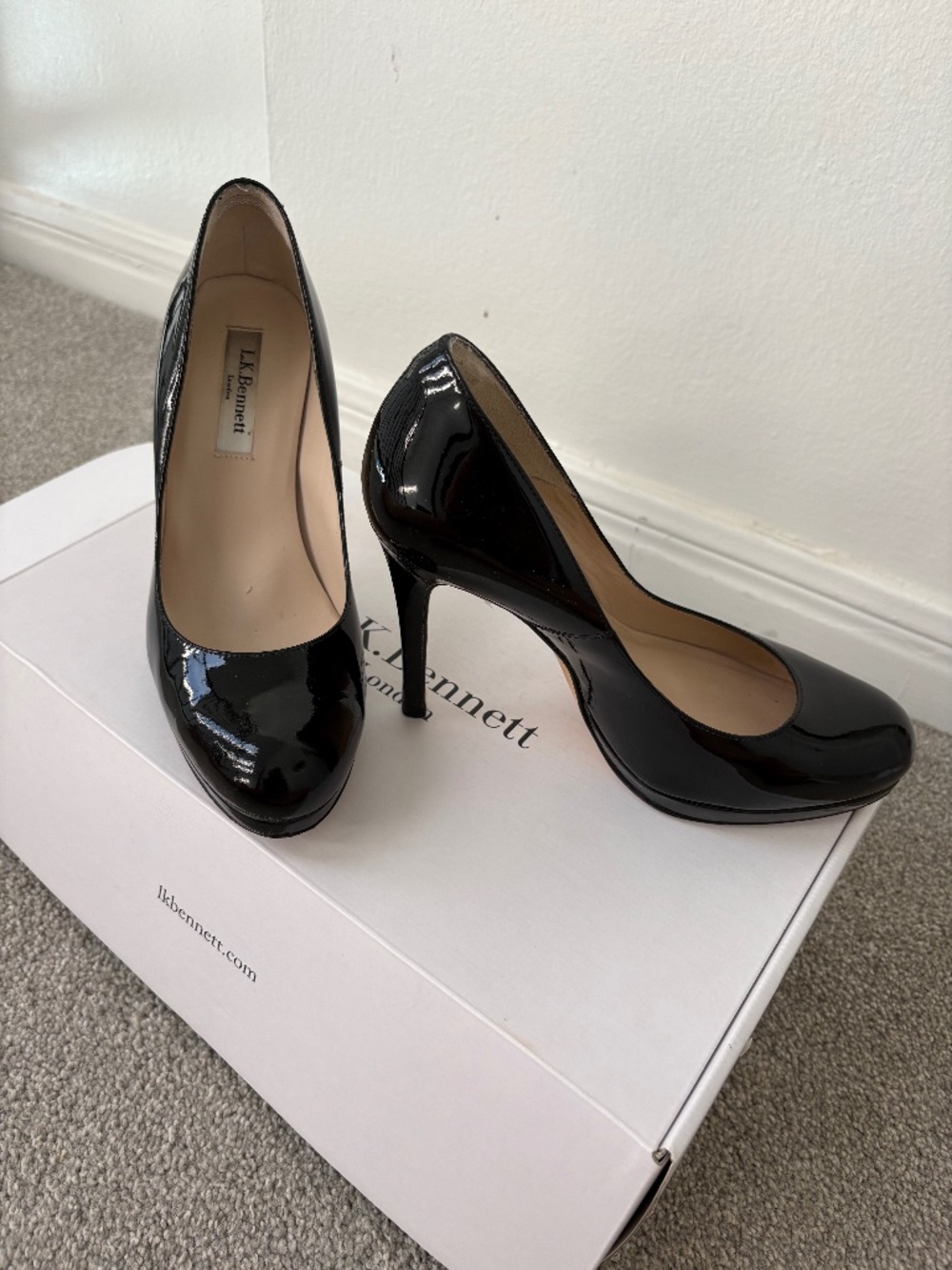 L.K. Bennett Sledge Black Patent Platform Pumps - Sz 38